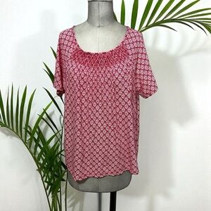 Talbots Smocked Pullover Babydoll Batik Floral Short Sleeve Linen Blend Top L